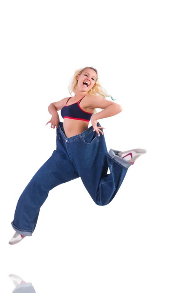 Frau verliert Gewicht isoliert auf weiß — Stockfoto