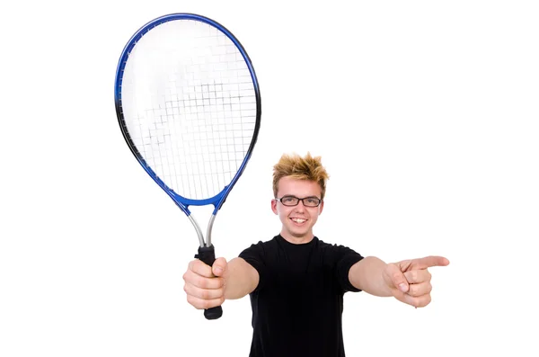 Grappige tennisspeler geïsoleerd op wit — Stockfoto