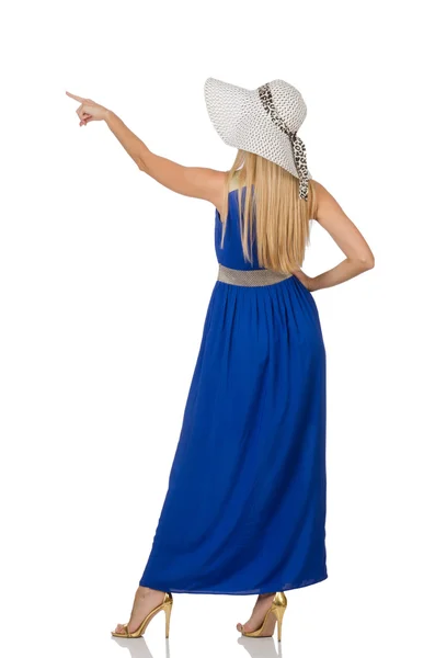 Piękna kobieta w długiej niebieskiej sukience odizolowana na biało — Zdjęcie stockowe