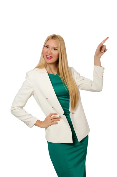 Hübsche junge Frau in grünem Kleid isoliert auf weißem Grund — Stockfoto