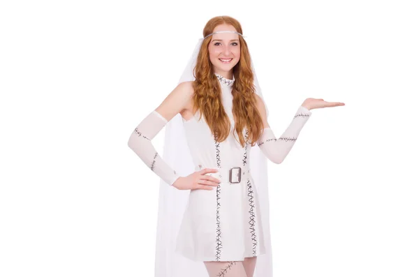 Красуня в світлій чарівній сукні ізольована на білому — стокове фото