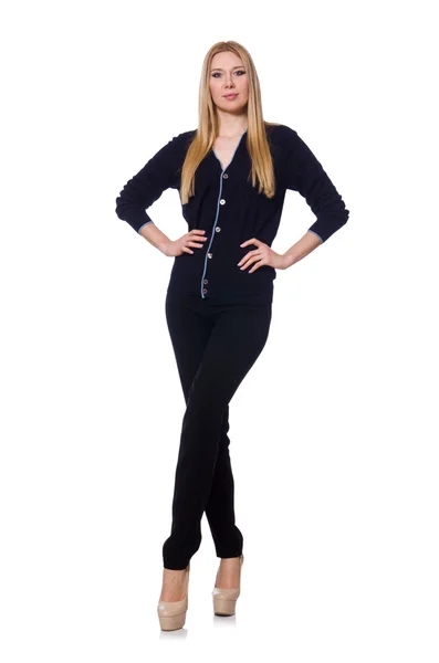 Vysoká mladá žena v černém oblečení izolované na bílém — Stock fotografie
