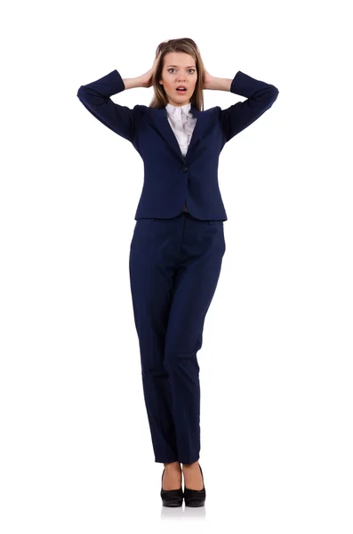 Affärskvinna i blå kostym isolerad på vit — Stockfoto