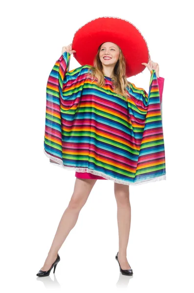 Söt flicka i mexikanska poncho isolerad på vit — Stockfoto