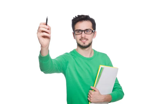 Estudiante presionando botón virtual aislado en blanco — Foto de Stock