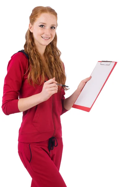 Guapa joven entrenador con organizador aislado en blanco — Foto de Stock