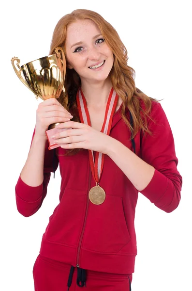 Bardzo kobiece sportowca z nagrodą na białym tle — Zdjęcie stockowe