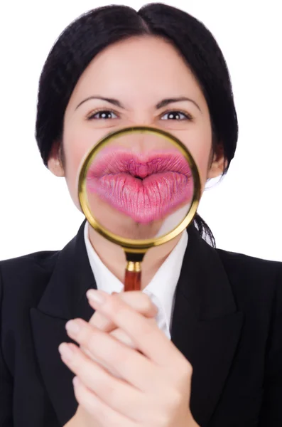 Business woman holding magnifying glass isolated on white — Stock Photo, Image