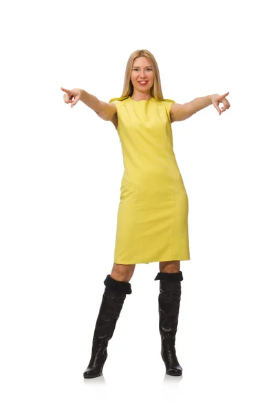 Bella ragazza bella in abito giallo isolato su bianco — Foto Stock