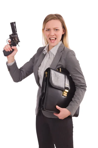 Mooie werknemer met pistool geïsoleerd op wit — Stockfoto