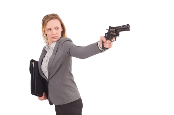 Pretty employee with handgun isolated on white — Stock Photo, Image