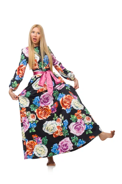 Flicka i lång blomma klänning isolerad på vitt — Stockfoto