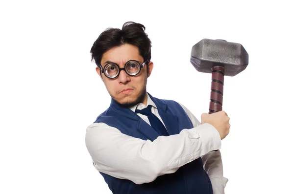 Young man holding hammer isolated on white — Stock Photo, Image