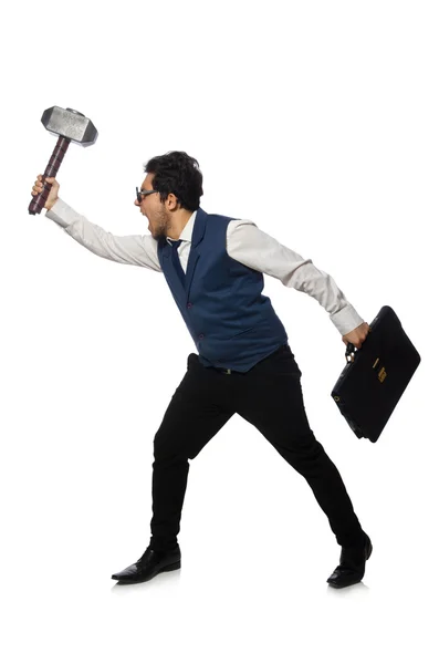 Young man holding hammer isolated on white — Stock Photo, Image