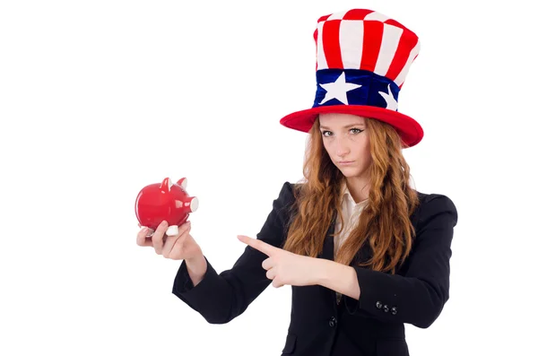 Ragazza carina indossando cappello simbolo americano isolato su bianco — Foto Stock