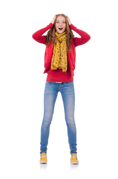 Menina sorridente bonito em casaco vermelho e jeans isolado em branco — Fotografia de Stock