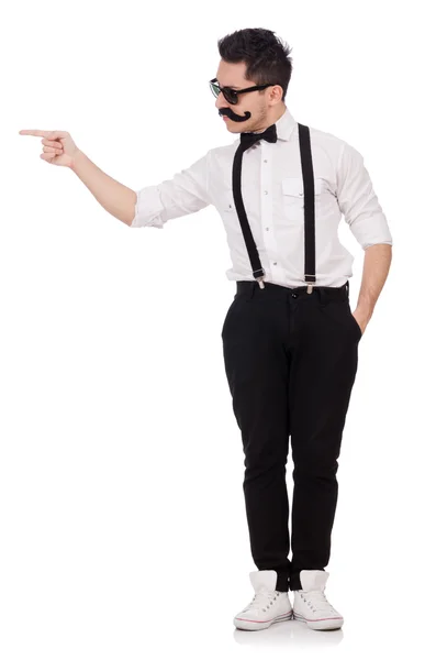 Joven con bigote aislado en blanco —  Fotos de Stock