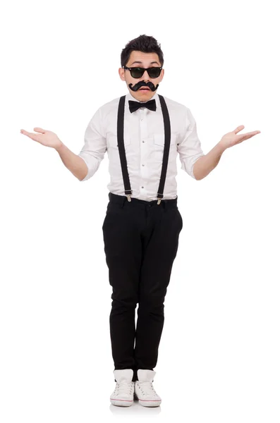 Joven con bigote aislado en blanco — Foto de Stock