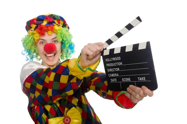 Clown with movie clapper isolated on white — Stock Photo, Image