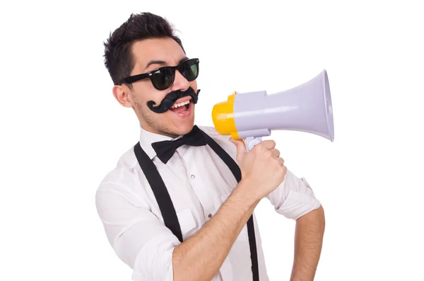 Hombre emocional con altavoz aislado en blanco — Foto de Stock