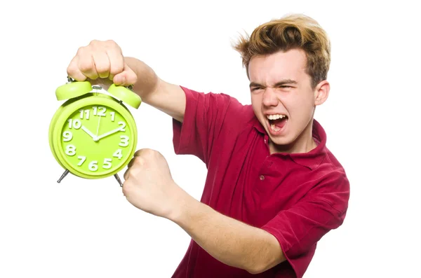 Student holding alarm clock isolated on white — Stock Photo, Image