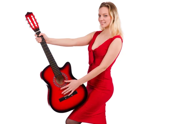 Linda chica sosteniendo la guitarra aislada en blanco — Foto de Stock