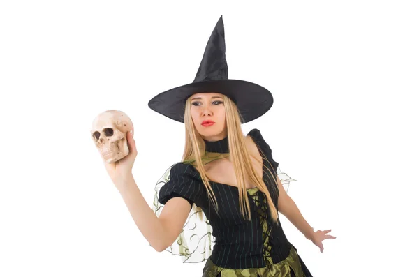 Beautiful witch with skull isolated on white — Stock Photo, Image