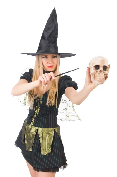 Beautiful witch with skull isolated on white — Stock Photo, Image