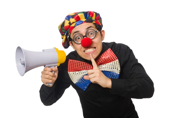 Clown with loudspeaker isolated on white — Stock Photo, Image