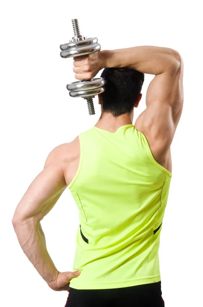 Muscular fisiculturista rasgado com halteres — Fotografia de Stock