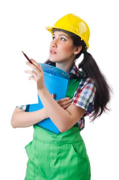 Arbeiterin in grünen Overalls — Stockfoto
