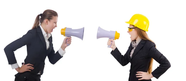 Mujeres de negocios con altavoces en blanco — Foto de Stock