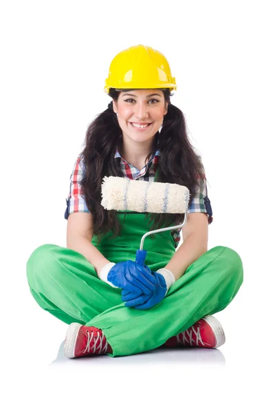 Female workman in green overalls — Stock Photo, Image