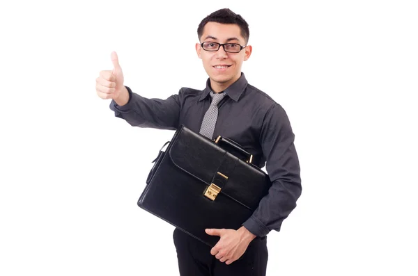 Young man holding briefcase isolated on white — Stock Photo, Image