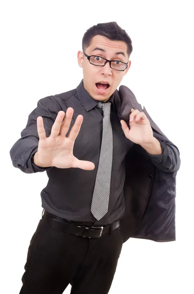 Hombre joven en traje gris aislado en blanco — Foto de Stock