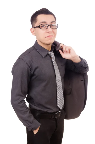 Mladý muž v šedém obleku izolovaných na bílém — Stock fotografie