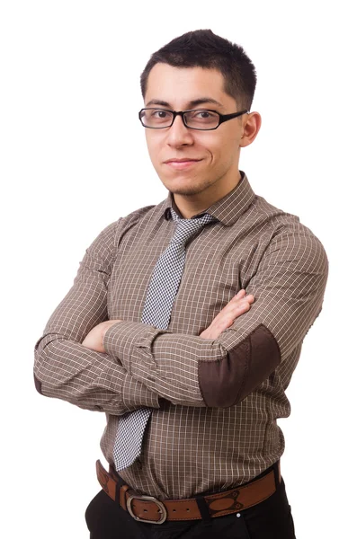 Hombre joven en camisa marrón aislado en blanco — Foto de Stock