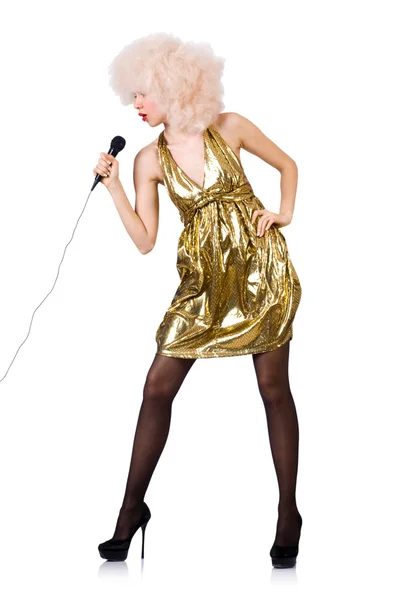 Şarkıcı beyaz izole mikrofon ile — Stok fotoğraf