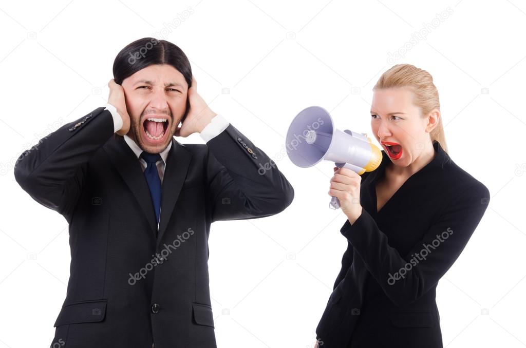 Businessman and businesswoman with megaphone isolated on white