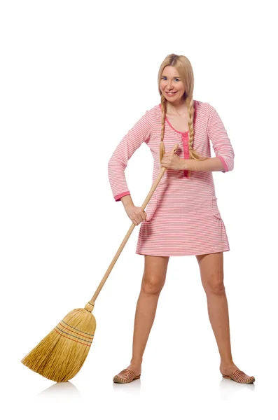 Housewife doing home cleaning isolated on white — Stock Photo, Image