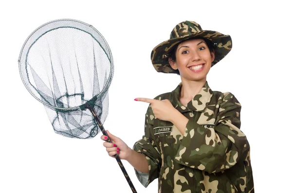 Mulher em roupas militares com rede de captura — Fotografia de Stock