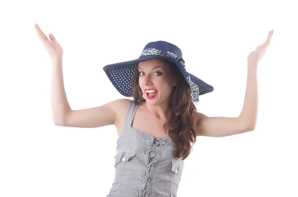 Young woman wearing hat and gray striped dress isolated on white — Stock Photo, Image