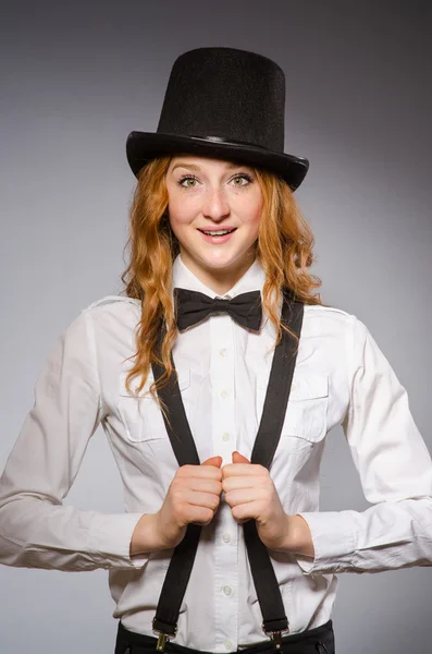 Red hair girl in classic style against gray — Stock Photo, Image