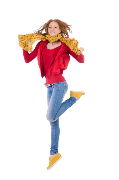 Schattige lachende meisje in rood jasje en jeans — Stockfoto