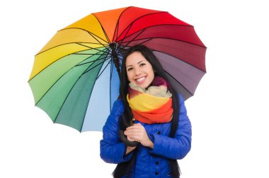 Mavi kışlık ceketli güzel kız beyazda soyutlanmış.