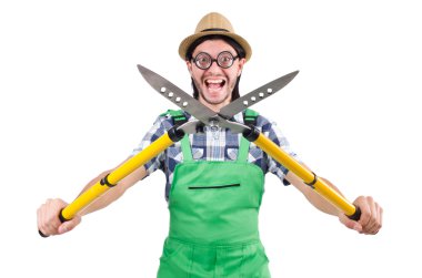 Beyaz izole makası ile komik adam