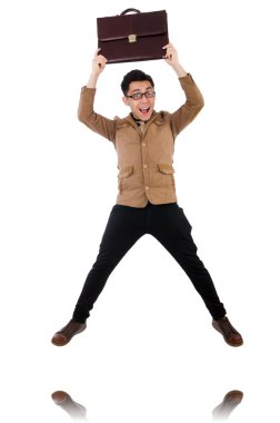 Kahverengi çantalı genç adam beyaza izole edilmiş.