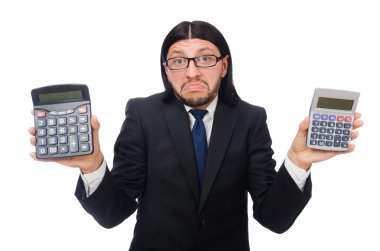 Hesap makinesi olan adam beyazda izole edildi