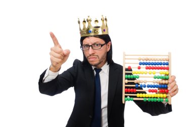 Hesap makinesi ve abaküsü olan komik bir adam.