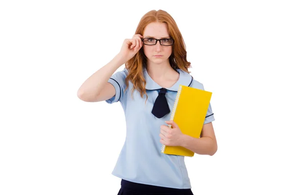 Junge Studentin mit Notizbüchern auf weißem Papier — Stockfoto